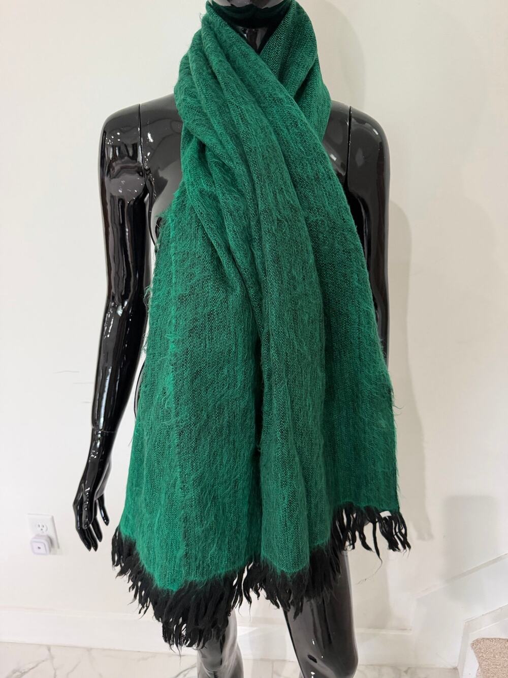 Emerald Green Black Fringe Oversized Woven Scarf Shawl Wrap Boho